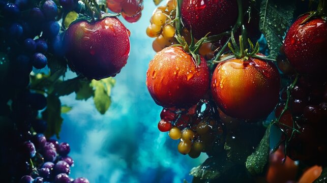Fresh tomatoes covered in water droplets hanging from vines