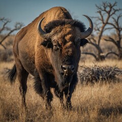 A majestic bison grazing calmly on the prairie. A bison standing on a grassy plain under stormy skies American bison in the forest royalty free stock photo Majestic bison standing on an open grassland