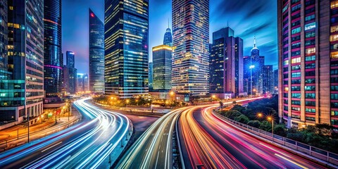 Fototapeta premium Long Exposure Cityscape at Night, Abstract Urban Lights, AI Photography