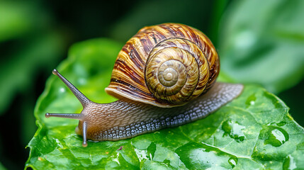 A close-up captures a garden snail slowly crawling across a green hosta leaf.