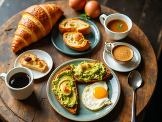 Top-down 8K shot of a delicious breakfast with croissants, avocado toast, scrambled eggs, and coffee on a rustic wooden table. Natural light enhances textures and colors