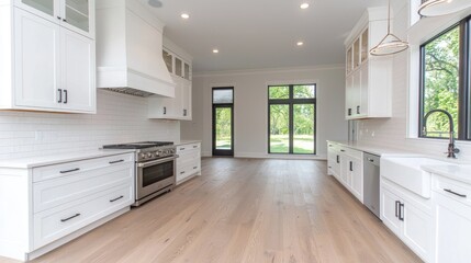 Modern kitchen, bright hardwood floors, large windows, open floor plan, real estate listing