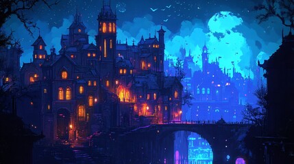 Fototapeta premium A hauntingly beautiful night scene featuring illuminated buildings, a bridge, and a mysterious blue moon casting an ethereal glow.