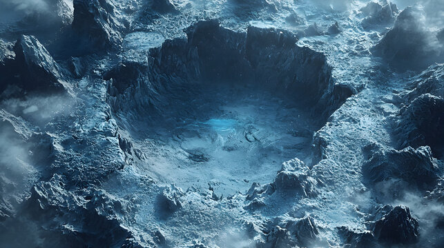 Exploring the Lunar Landscape: A Dramatic Depiction of Craters, Ice, and Shadows in a Celestial World – Surreal Depths and Eerie Textures of an Alien Terrain - Powered by Adobe