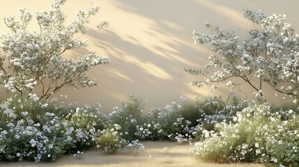 White Flowers Bloom Abundantly Against A Beige Wall