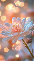 Fototapeta premium Pink flower with blurred orange lights creating a magical atmosphere at twilight