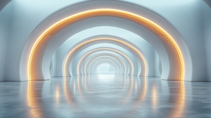Fototapeta premium A modern, minimalist interior featuring illuminated arches and a reflective floor.