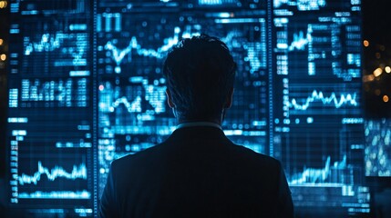 A man in a suit observes blue financial data displayed on large screens, indicating analysis or trading activity in a high-tech environment.