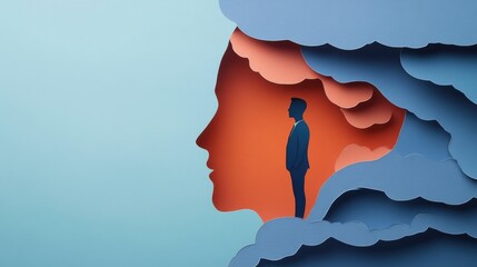 mental health in business. silhoutte of strong man paper cut illustration. adaptability of mindset, resilience and positive, motivation and ambition. 