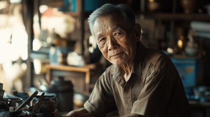 Fototapeta premium Asian man looking down, wearing brown shirt and glasses, surrounded by tools and machinery
