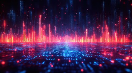 Fototapeta premium Abstract digital landscape with vibrant blue and red lights resembling data visualization.