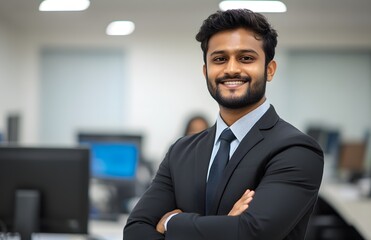 Fototapeta premium Confident businessman smiling, arms crossed, modern office, colleagues blurred background, corporate portrait