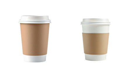 Two Paper Coffee Cups With Brown Sleeve And White Plastic Lid In Different Sizes Isolated On Transparent And White Background