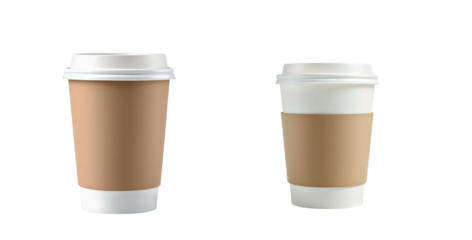 Two Paper Coffee Cups With Brown Sleeve And White Plastic Lid In Different Sizes Isolated On Transparent And White Background