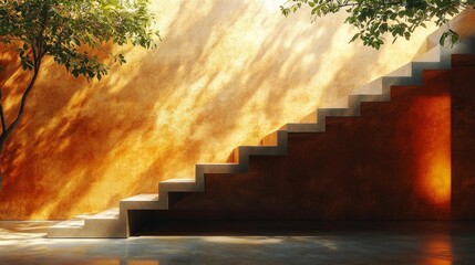 Minimalist Staircase with Warm Light. Generative AI