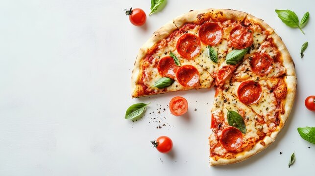 Isolated shot of a slice of delicious pizza on a white surface, perfect for promoting pizza restaurants or delivery services.