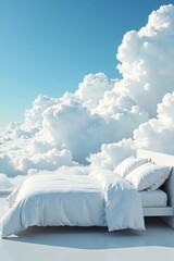 A white bed against a backdrop of puffy white clouds, cloud scene, dreamy bedroom
