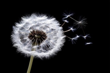 Fragile Beauty: Isolated Dandelion Flower Flying in Black Background