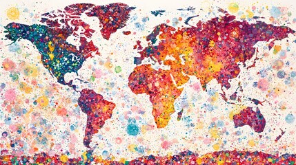 A vibrant world map made of colorful paint splashes
