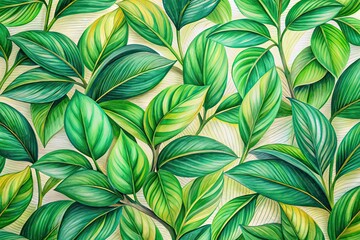Naklejka premium Low Light Green Plant Pattern - Hand Drawn Botanical Wallpaper