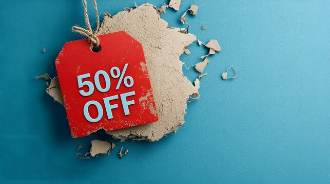 Vibrant red 50 Off discount price reduction promotion tag with bold 3D typography on a distressed textured background  Ideal for retail sale clearance seasonal promotion and marketing designs