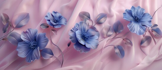 3D wallpaper with blue flowers on a pink silk background, an elegant flower design for a wall mural, digital art.