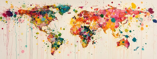 A vibrant world map made of colorful paint splashes
