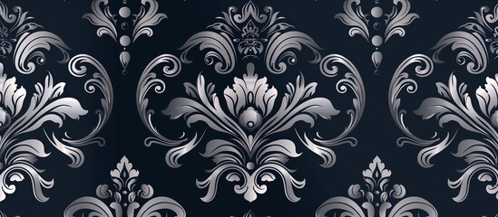 Elegant silver damask pattern on a navy blue background, a seamless design for wallpaper.