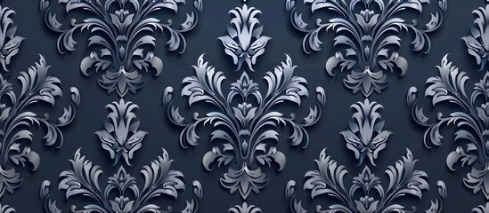 Fototapeta premium 3D render of dark blue damask pattern on dark blue background, seamless pattern.