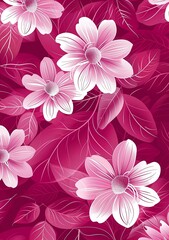 Fototapeta premium A seamless pattern of delicate pink flowers with white petals, leaves in shades of magenta and fuchsia on a dark red background.