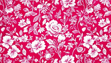 Retro Pink Floral Pattern, a red, pink, and white floral pattern with roses and leaves on a magenta background.