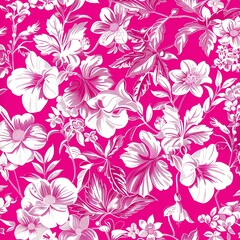Obraz premium A seamless pattern of white line art flowers and leaves on a magenta background.