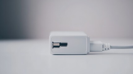 shot of a sleek laptop charger on a clean white surface. Great for tech product accessories marketing.