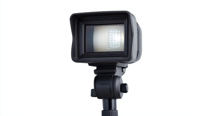 Isolated shot of a camera flash mounted on a tripod on a white background, perfect for photography-related products.