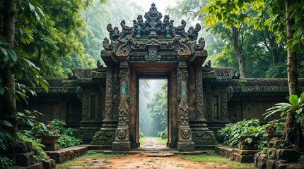 Intricately Carved Ancient Southeast Asian Temple Gate Enclosed by Lush Jungle