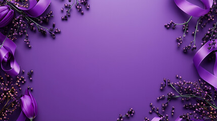Celebrating International Women's Day - Lilac Ribbon, Purple Tulips, and Mimosa Branches with Festive Confetti on Purple Background, Top View
