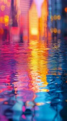 Naklejka premium Vibrant reflections on water surface during urban evening lights with colorful hues and textures