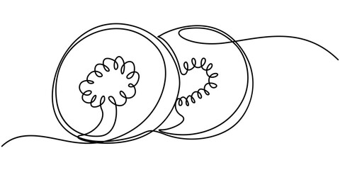 Continuous one single line drawing of kiwi fruit. Vector illustration, Continuous one line drawing of whole and sliced healthy organic kiwi for orchard logo identity. Fresh hairy fruitage concept.