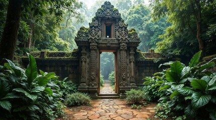 Obraz premium Intricately Carved Ancient Southeast Asian Temple Gate Enclosed by Lush Jungle