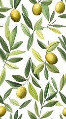 Olive oil, pattern design, olive leaves and olives, simple illustration, white background
