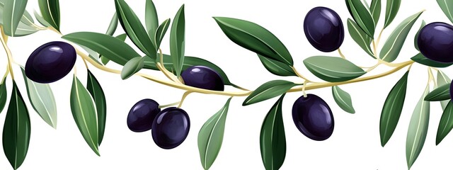 Olive oil, pattern design, olive leaves and olives, simple illustration, white background
