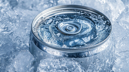 A close-up of a tin can nestled in ice, creating a textured and refreshing visual effect