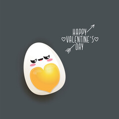 vector funny world egg day greeting card with cute eggs couple character with heart yolk isolated on grey background. Happy world egg day day cartoon pink banner or poster.