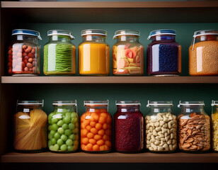 A stylized bookshelf arrangement where one side holds jars of vibrant whole foods and the other packaged snacks.