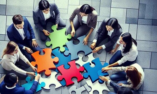 In a serene environment, a group of individuals focuses intently on assembling a large puzzle. Each person contributes uniquely, fostering teamwork and creativity