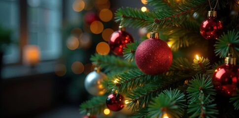 Christmas tree adorned with ornaments and lights, tree, decorations