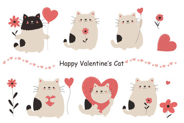 Cute Valentine's Day cat illustrations with hearts, flowers, and balloons. Adorable love-themed digital art