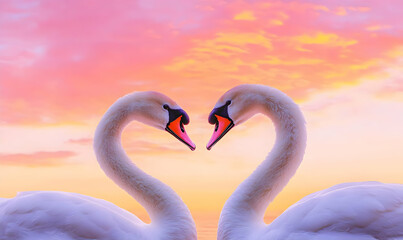 Naklejka premium Elegant Swans Forming Heart Shape Against Colorful Sunset Sky