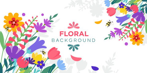 Background frame with blooming meadow, garden flowers and bumblebees in vector, flat style.