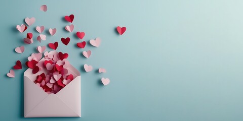 Hearts Falling from Envelope on Blue Background